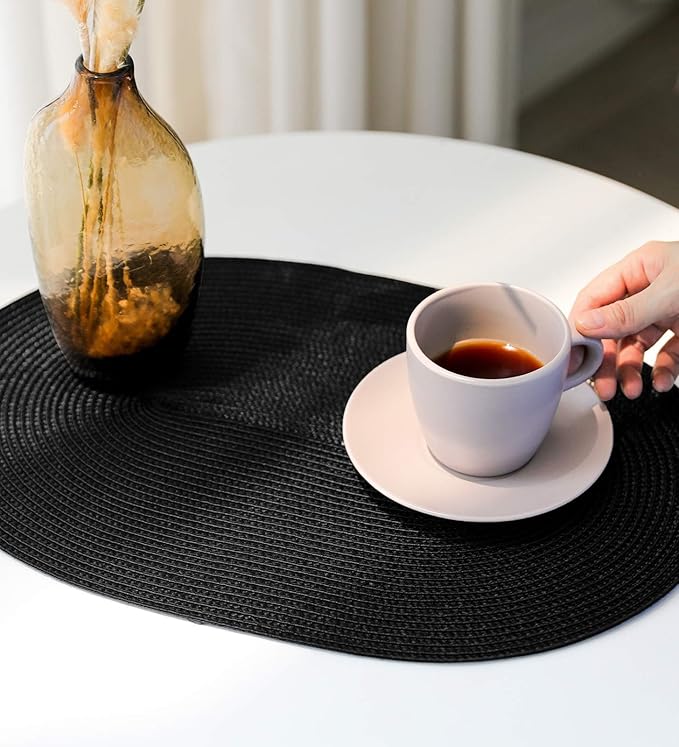 FunWheat Oval Braided Placemats Set of 4 Table Mats for Dining Tables Washable Heat Resistant Place Mats for Indoor Outdoor Use 12 x18 Inch(Oval Black, 4pcs)