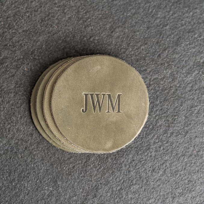 Ox & Pine Personalized Leather Coaster - Sold Individually or in Sets of 4 - Customize Inscription - 100% Full-Grain Leather – 4" Round or 4" Square (Round, Black, Set of 4 Coasters)