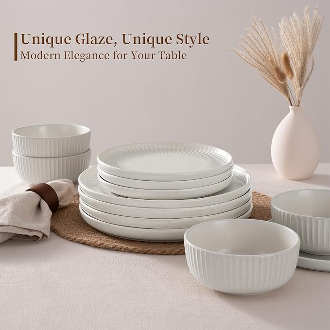 Famiware Starlight Plates and Bowls Dishes Set of 6 (18 Pieces), Ribbed Textured Stoneware Dinnerware Sets- Dishwasher & Microwave Safe, Chip Resistant, Matte Reactive White