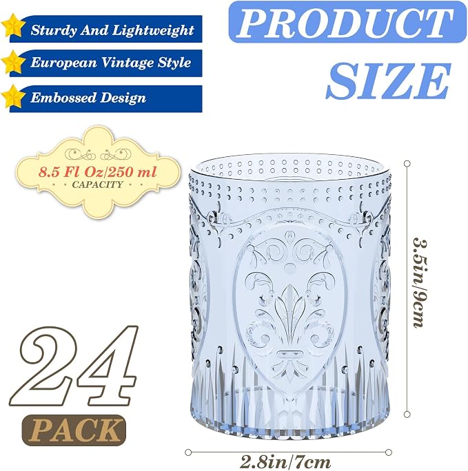 Qinyoung 24 Plastic Vintage Drinking Glasses 8.5oz Stemless Retro Embossed Wine - Image 3