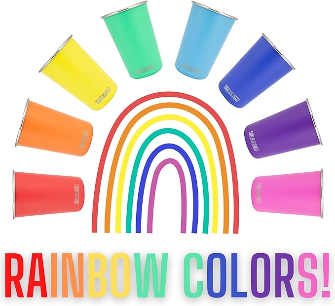 Real Deal Steel Rainbow Cups 16 oz Pint Cups, Stackable Tumblerrs, Eco Friendly Premium Metal Drinking Glasses