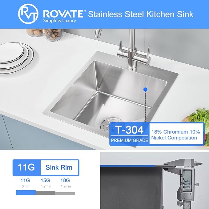 ROVATE 17 x 19 Inch Drop in Bar Sink Single Bowl, Topmount 304 Stainless Steel Small Kitchen Sink with 1 Hole, Handmade Overmount Wet Bar Prep Sinks with Basket Strainer