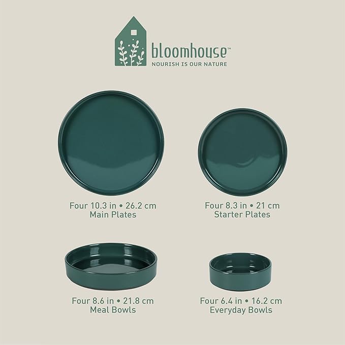 Bloomhouse - Two Time Oprah's Favorite Things Winner - Santorini Mist Double Bowl Terracotta Reactive Glaze Plates and Bowls Dinnerware Set - Jade Blue Green, Service for Four (16pcs)