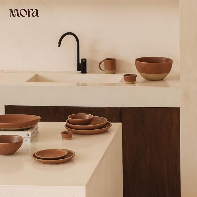 MORA Large Plates Set of 4, 10.5 inch Ceramic Pottery Dinner Plates - Microwave, Oven and Dishwasher Safe - Terracotta