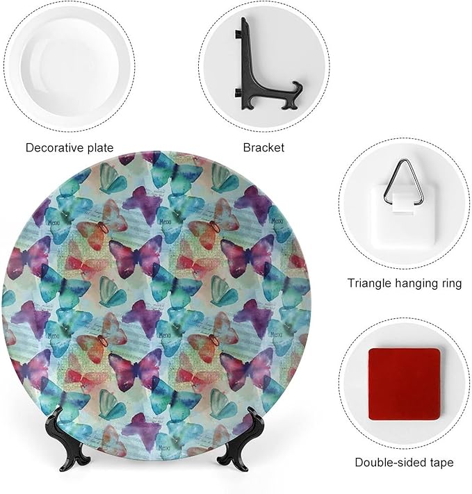 Ceramic Plates, Abstract Decorative Ceramic Plates, Watercolor Rainbow Colored Butterflies and Letterings Music, 10 Inch, Household Plates Decorative, Multicolor