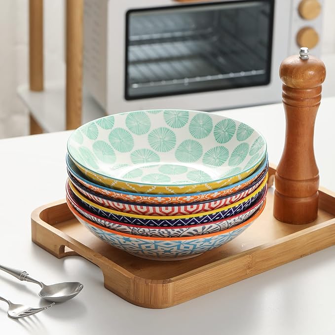 Selamica Porcelain 40oz Large Bowls 9 inch Big Pasta Salad Bowls, Microwave and Oven Safe, Colorful, Set of 6