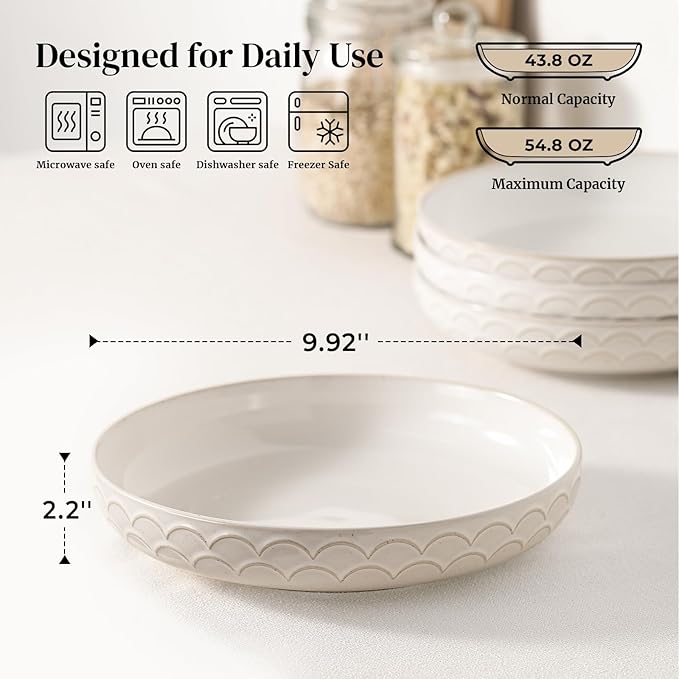 DOWAN Large Pasta Bowls Set of 4, 54 oz Embossment Salad Serving Bowls, Ceramic Plates, White Soup Bowl for Kitchen Meal Prep, Shallow Dishes Dinner Bowl Microwave Tableware