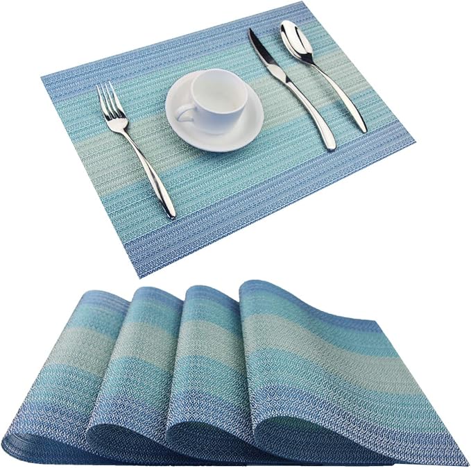 Placemats Washable Easy to Clean PVC Placemat for Kitchen Table Heat-resistand Woven Vinyl Hard Table Mats 12x18 inches Set of 4 (Blue)