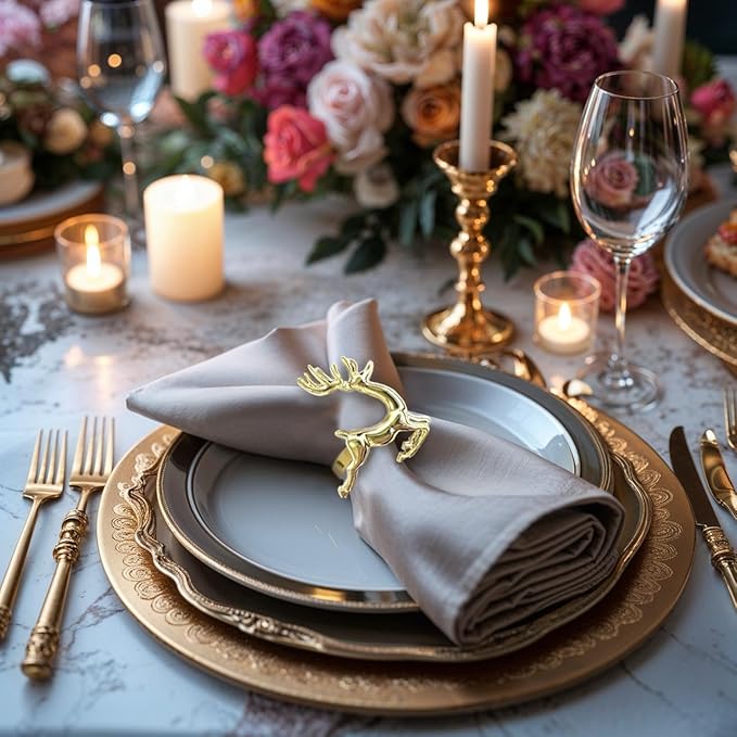 Decozen Set of 12 Gold Napkin Rings in Stag Design Festive Table Decor Setting for Holiday Wedding, Birthday, Kitchen, Home Decor Housewarming Gift - Thanksgiving & Christmas Gift Decoration