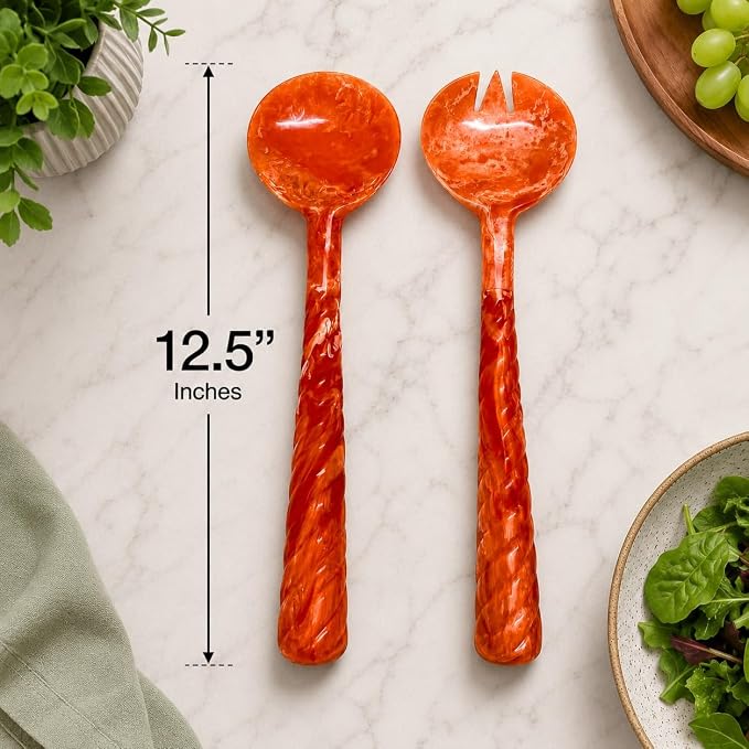 SS CRAFTS INDIA Premium 12.5" Vibrant Orange Marbled Resin Salad Servers | Set - Image 5