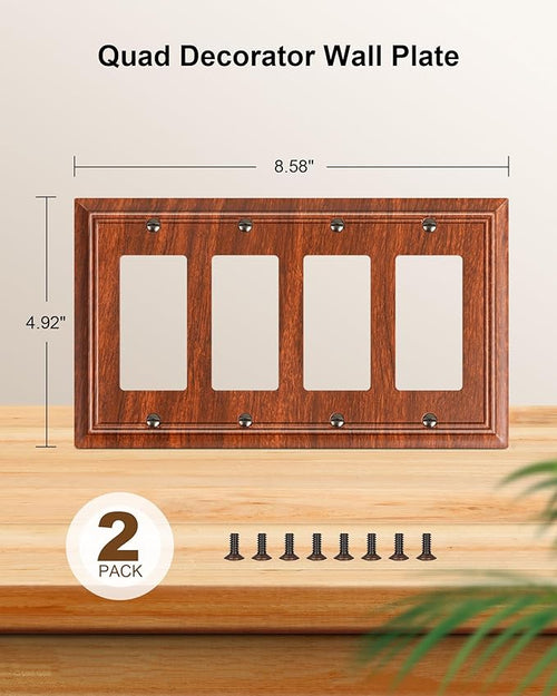 2-Pack Quad Decorator Outlet Cover Plate, Wood Grain Decorative Switch Plates and Outlet Covers, Natural Bamboo Fiber 4 Gang Wall Plates for Electrical Outlets, Receptacle, GFCI Outlet, Dimmer Switch