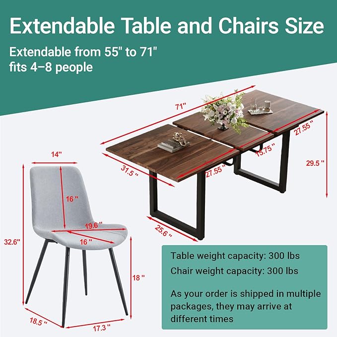 Extendable Dining Table Set for 4, 55"–71" Modern Wood Kitchen Table with 4 Upholstered Chairs, Space-Saving for Living Room Apartment, Sturdy & Comfortable, Easy Assembly