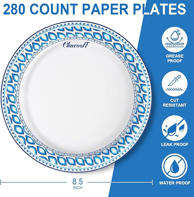 8.5 Inch Paper Plates Bulk 280 Count, Cut Proof Heavy Duty Paper Plates, Soak Proof Dessert Plate, Disposable Dinner Plate for Party, Birthday and Picnic