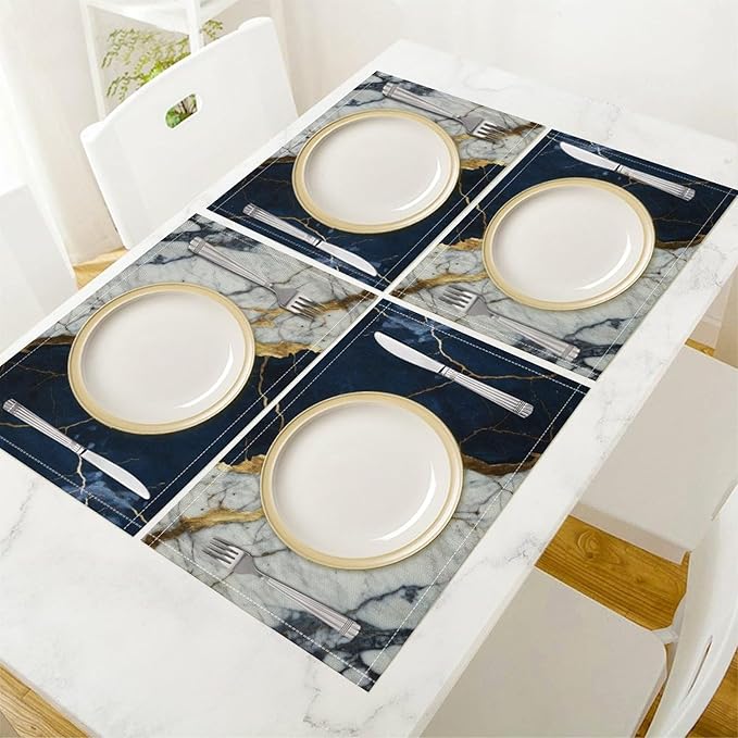 Marble Linen Place Mats Set of 2, 12x17 Inch Modern Abstract Foil Texture White Navy Blue Gold Marble Washable Fabric Non-Slip Placemats for Home Dining Table Banquets Party Kitchen Decoration