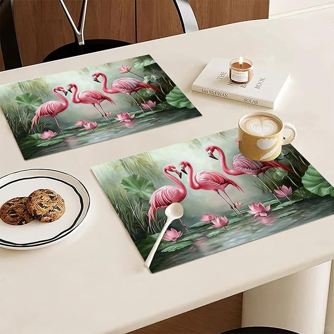 Flamingo Placemats Set of 6, Flamingo Tropical Flowers Place Mats, Wildlife Waterproof Washable Table Mats for Home Party Indoor Kitchen Dining Table Decoration 12x18 Inch