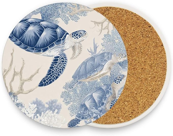 Coasters for Drinks Coaster Drink Set Decorative Coffee Table Desk Cup Mat Spring Cute Cork Bar Backing Round Home Decor Beige and Blue Sea Turtles Corals35