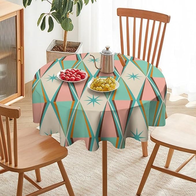 Mid Century Round Tablecloth, Vintage Bohemian Modern Mid-Century 50s 60s Print Tablecloth for Home Party Dining Room Kitchen Decor 70Inch(178cm)