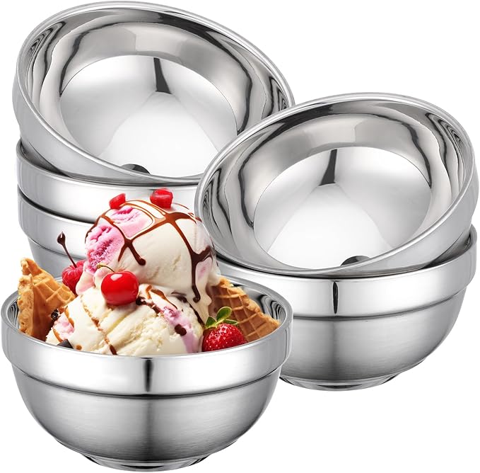 Stainless Steel Bowls, 6 Pack 4.5in 12.8oz 380ml Mini Small SUS304 Double Wall Insulated Stackable Metal Eating Bowl Containers for Serving Snacks Ice Cream Soup Cereal Food Rice Salad