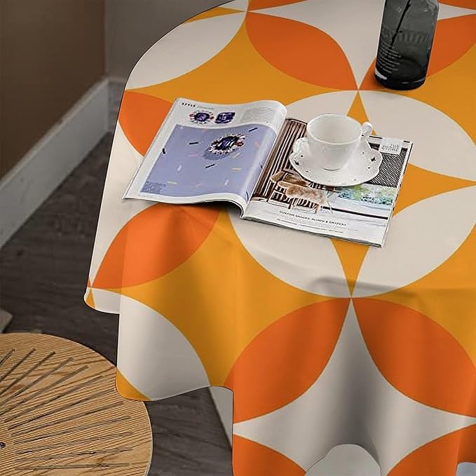 Retro Mid Century Round Tablecloth, Abstract Geometric Mid Century Colorful Pattern Print Tablecloth for Home Party Dining Room Kitchen Decor 60Inch(152cm)