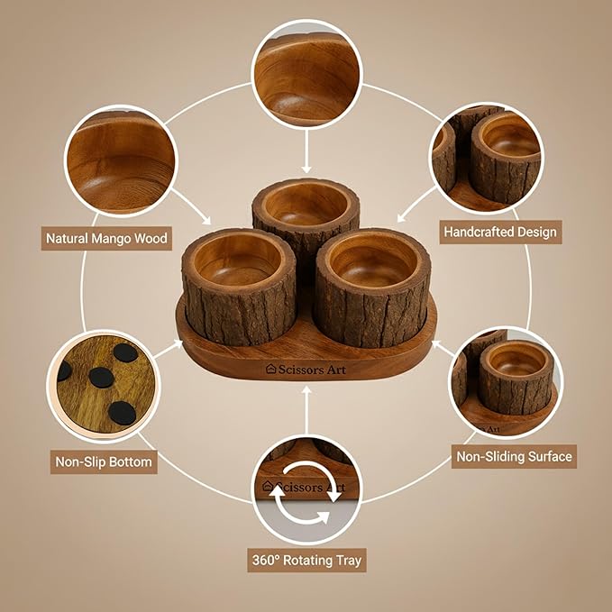 Wooden Snack Bowl Set with Tray – Mango Wood Dry Fruit & Nut Serving Bowls, Rotating Tree Bark Design, Rustic Wooden Candy Bowl Set for Home, Party & Gifting (3 Pieces with Tray)