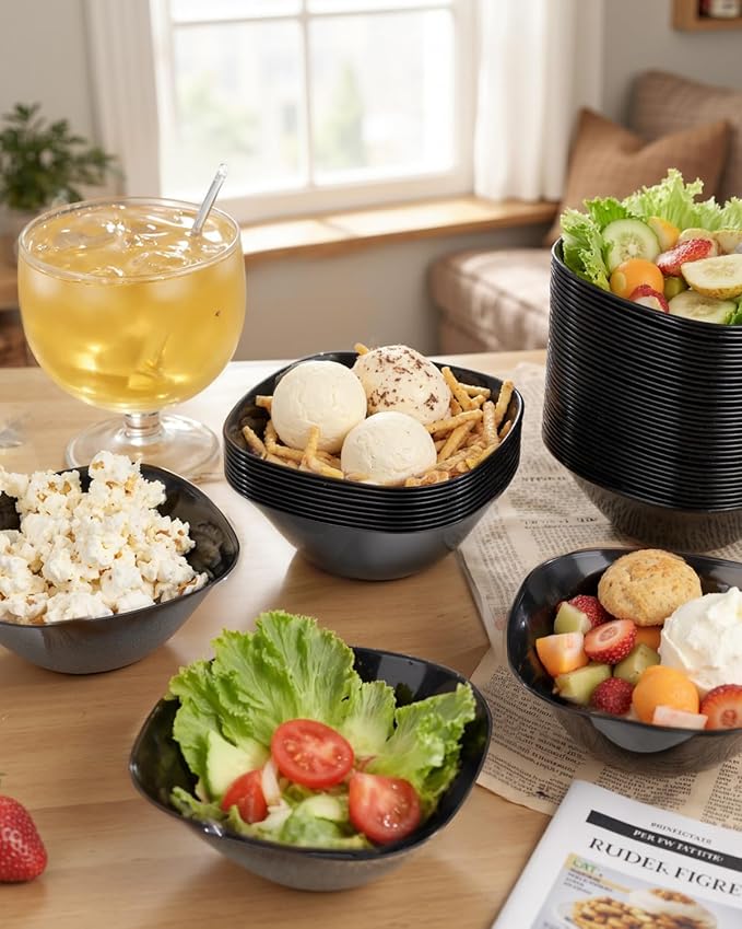 bUCLA 50Pack Black Plastic Small Bowls - 8oz Disposable Ice Cream/Salsa/Dipping/Dessert/Sauce/Candy/Small Serving Bowls for Party & New Year