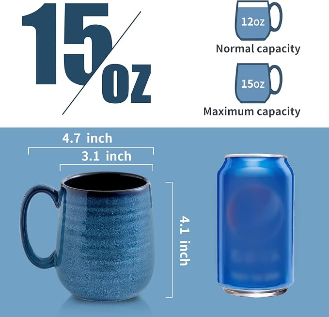 HASENSE Porcelain Coffee Mugs Set of 6, 15 Ounce Large Ceramic Coffee Cups Set - Image 3