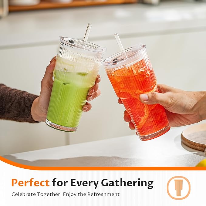 20oz Iced Coffee Cups with Lids, Glass Coffee Cups with Lids and Straws | Clear - Image 2