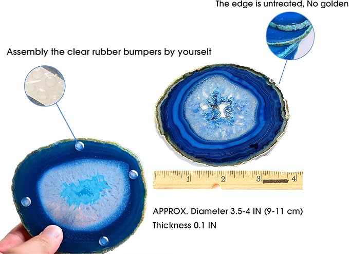 AMOYSTONE Blue Agate Coasters Set of 4, 3.5-4 Inch Polished Gemstone Coasters with Rubber Bumpers, Elegant Wedding Gift for Couples, Home Bar Decor