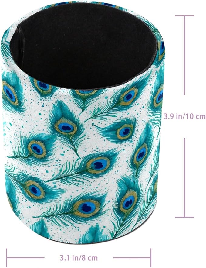 Leather Pen Holder for Desk, Peacock Feather Pencil Cup Pen Organizer Makeup - Image 3