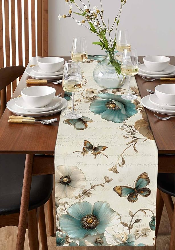Turquoise Tulip Table Runners 90 Inches Long, Spring Vintage Botanical Table - Image 2