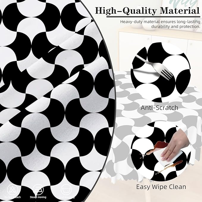 Laeacco 70 Inch Geometric Round Tablecloth Black and White Abstract Pattern Modern Art Print Table Cloth Washable Waterproof Wrinkle Free Table Cover for Kitchen Dining Picnic Party Decoration