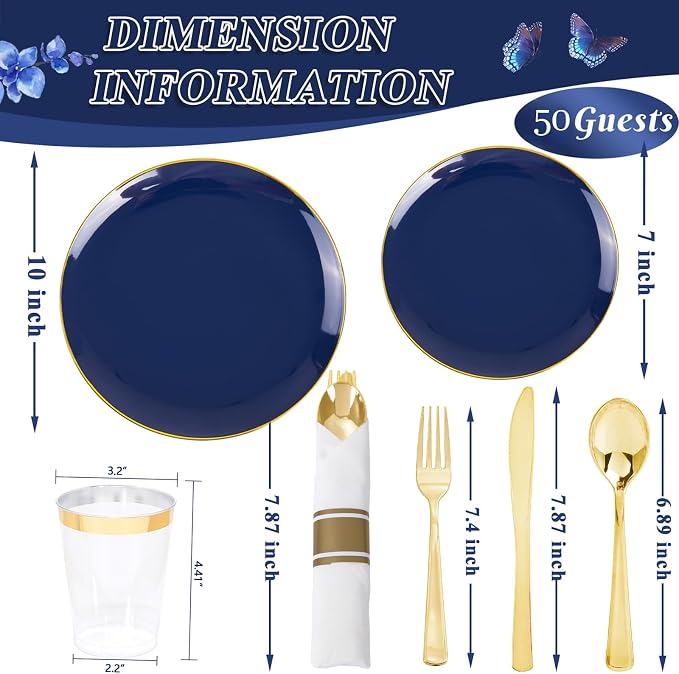 KIRE 350Pcs Blue and Gold Plates -Heavy Duty Navy Blue Dinnerware Set - Image 5