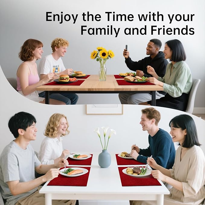 Blue Forest Placemats Set of 8, Dual-Layered Thickened Faux Line Table Mats Heat Resistant Machine Washable Wrinkle Free Place Mats for Kitchen Dining Outdoor/Indoor (Red)
