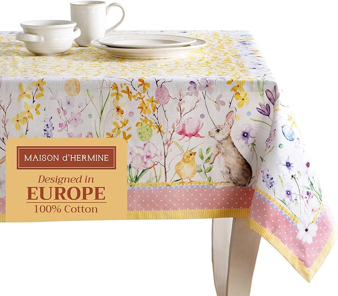 Maison d' Hermine Table Cloth Rectangle Table 100% Cotton 60 x 120 Inches Tablecloth Reusable Decorative for Dining Room Farmhouse Home Valentines Day Decorations Spring Summer - Easter Zest