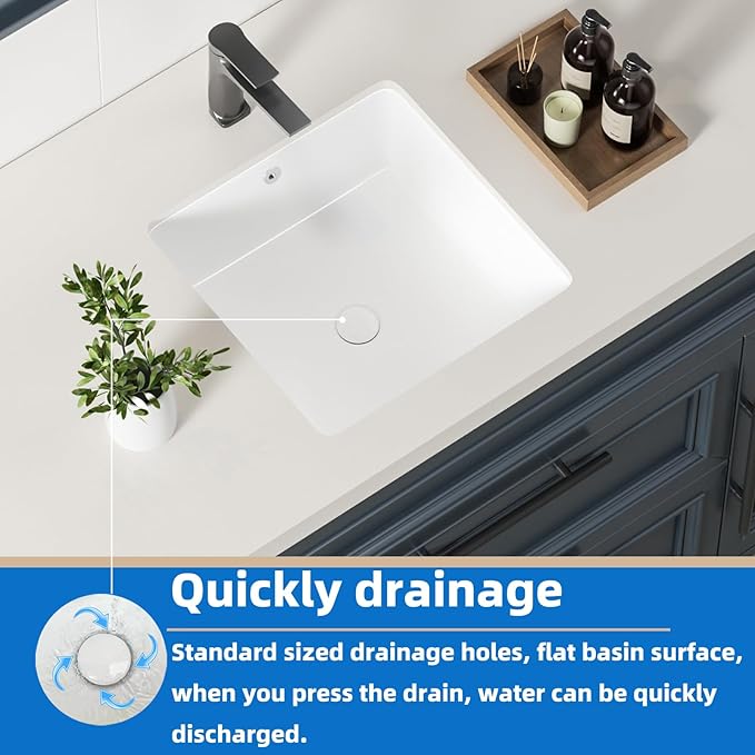 16 Inch Small Square White Undermount Bathroom Sink 16.15" x 16.15" Vanity Under Counter Basin Porcelain Rectangle Vessel Sink for Tiny Place Opening Size 14.17" x 14.17" Lavamanos Para Baños KINGWONG