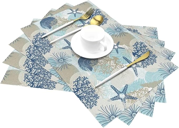 Placemats Set of 6 Aqua Blue Nautical Place Mats Coastal Beach Theme Coral Starfish Woven Table Mats Washable Blue Coral PVC Placemat for Dining Kitchen Decor Indoor Outdoor, 12 x 18 Inch
