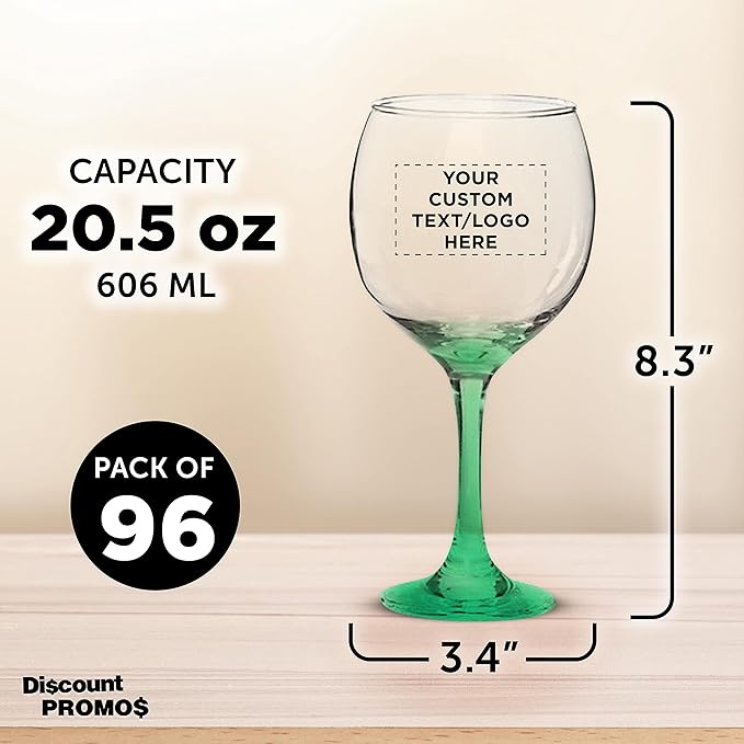 Custom Premiere Wedding Wine Glasses 20.5 oz Set of 96, Personalized Bulk Pack - Restaurant Glassware, Perfect for Red Wine or White Wine - Green