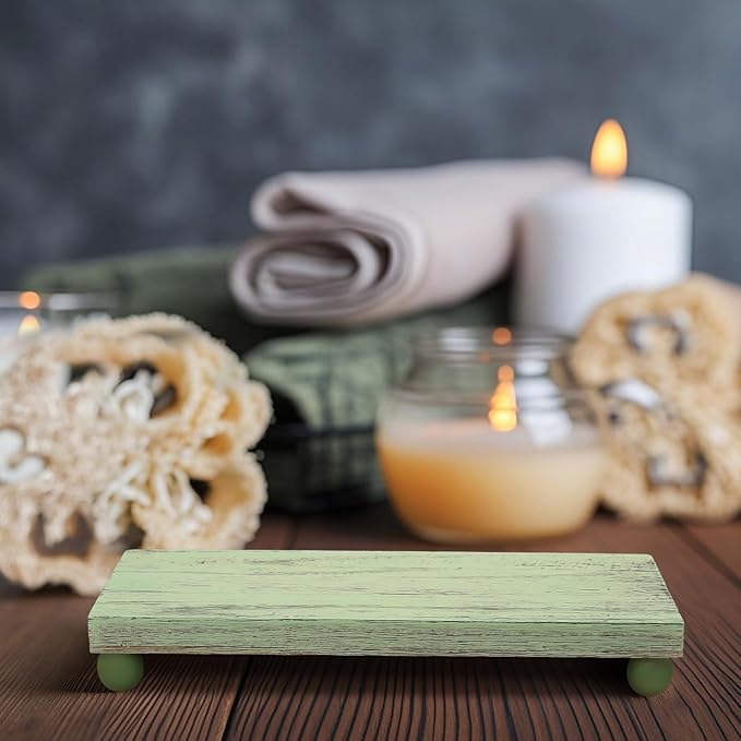 Amyhill Wood Pedestal Stand Kitchen Soap Tray Farmhouse Wooden Riser Stand for Kitchen Bathroom Counter Table Decor Plant Candle Vases Display (12 x 7 Inch,Green)