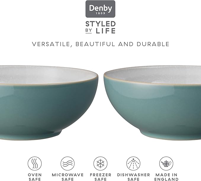 Denby - Elements Fern Green Cereal Bowls Set of 4-28oz Everyday Soup, Dessert Bowls - Contemporary Design - Dishwasher & Microwave Safe Ceramic Stoneware Tableware - Scratch Resistant
