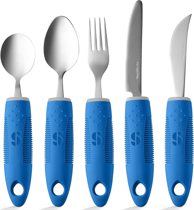 Special Supplies Adaptive Utensils (5-Piece Kitchen Set) Wide, Non-Weighted, Non-Slip Handles for Hand Tremors, Arthritis, Parkinson’s or Elderly Use - Stainless Steel Knives, Fork, Spoons - Blue
