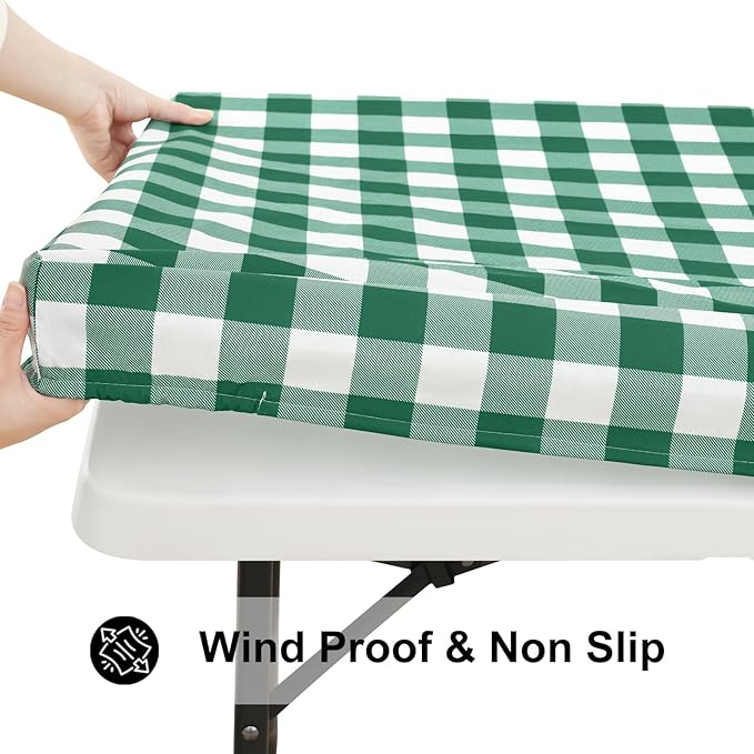 Smiry Rectangle Picnic Table Cloth, Elastic Waterproof Fitted Vinyl Tablecloths, Flannel Backed Buffalo Plaid Table Covers for Dining, Camping, Outdoor (Emerald Green and White, 30" x 96")