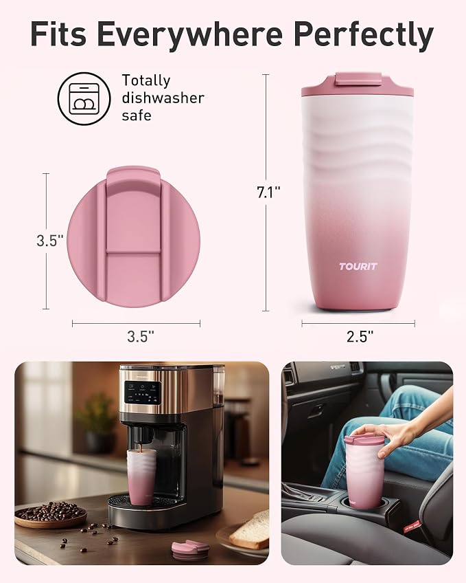 TOURIT 16 oz Travel Coffee Mug, Vacuum Insulated Stainless Steel Tumbler - Image 6