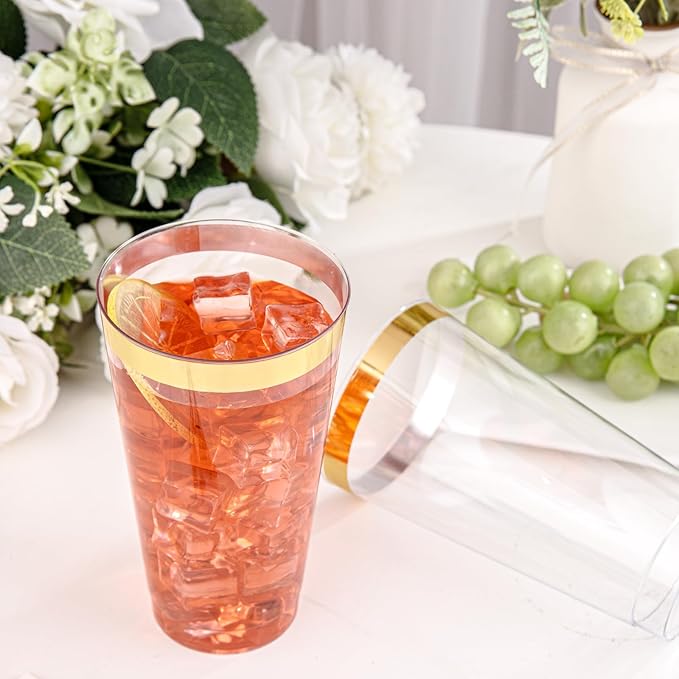 I00000 16 oz Gold Plastic Cups, 50 Pack Clear Plastic Cups Tumblers Gold Rimmed Disposable Cup, Heavy-duty Disposable Cup Perfect for Birthday, Wedding & Party
