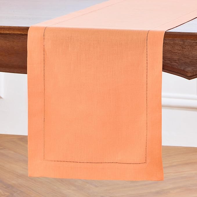 Solino Home Linen Coral Hemstitch Table Runner 48 Inches - 100% Pure Linen Small Table Runner 14 x 48 Inch Ideal for Dresser and Coffee Tables, Valentines, Spring, Easter - Classic Hemstitch