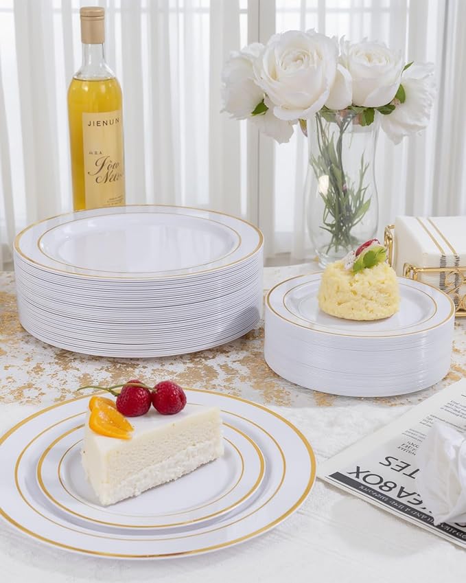 GATHER 700PCS Gold Plastic Plates - Whtie and Gold Disposable Dinnerware Sets 100Guest - 200 Disposable Plate, 300 Plastic Silverware, 100 Cups, 100 Napkins for Wedding & Party