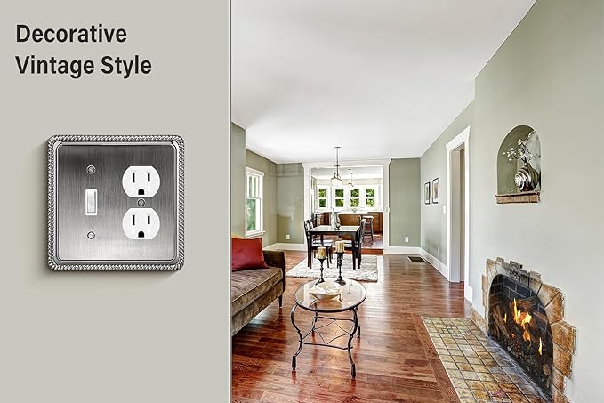Henne Bery Rope Edge Decorative Wall Plate Switch Plate Outlet Cover (Toggle/Duplex, Heirloom Silver)