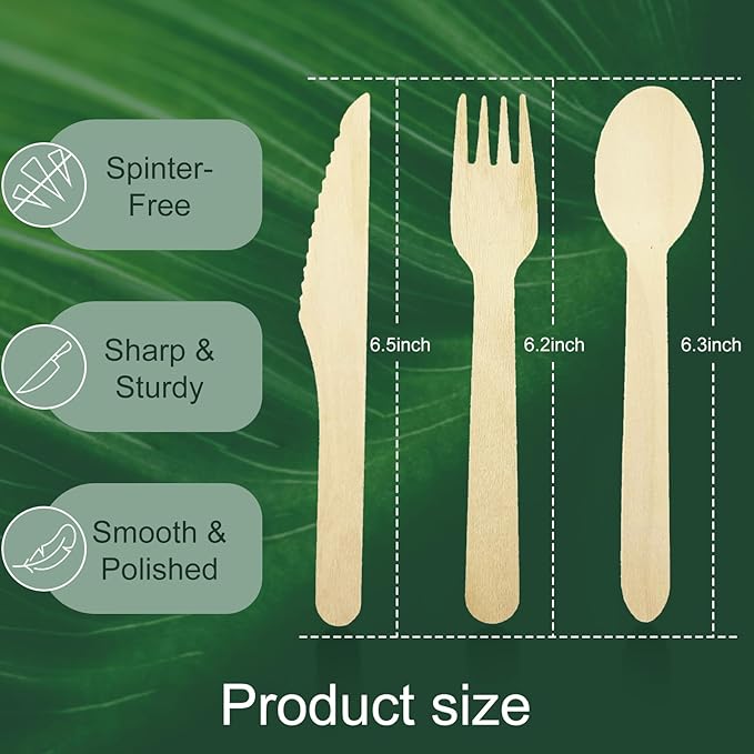 300 Pack Wooden Cutlery Set (100 Forks, Spoons, Knives) - 6 Inch Disposable Birch Wood Utensils for Thanksgiving & Christmas Parties - Heavy Duty, Splinter-Free Biodegradable Cutlery