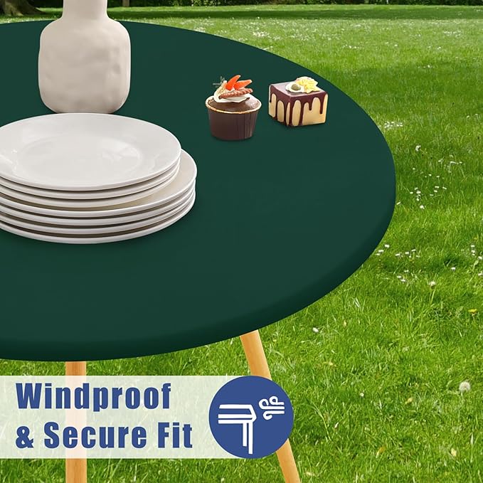 Round Spandex Tablecloth, Elastic Fitted Waterproof Tablecloths for 36"-44" Tables, Stretch Washable Picnic Table Cover for Camping, Dining, Indoor and Outdoor, Hunter Green