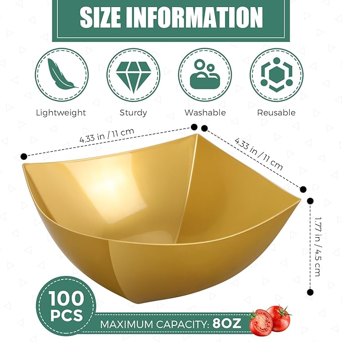 Sliner 100 Pcs Square Plastic Bowls 8 oz Plastic Serving Bowls Disposable Chip Containers for Parties Snack Fruit Candy Containers for Candy Buffet Salad Bar Buffet Party Supplies (Gold)