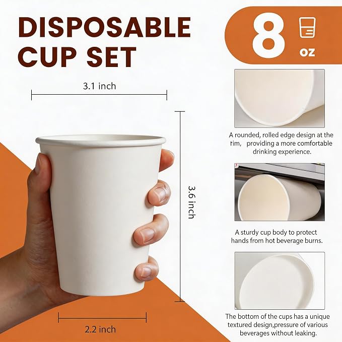 MOUMOULIFE Disposable Paper Coffee Cups 8 oz 500 Count Bulk, Leak-Proof White - Image 3